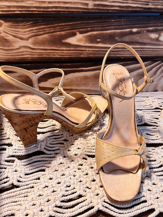 Vintage 70 s Platform Shoes sandals strappy Italian Leather cork Heel retro Disco Platform Shoes Size 8.5 Etsy