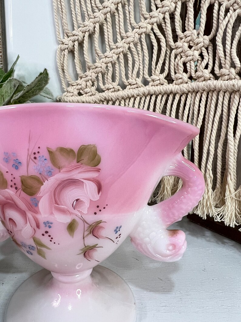 Vintage Fenton Glass Rosalene Pink Handpainted Floral Fan Vase Etsy