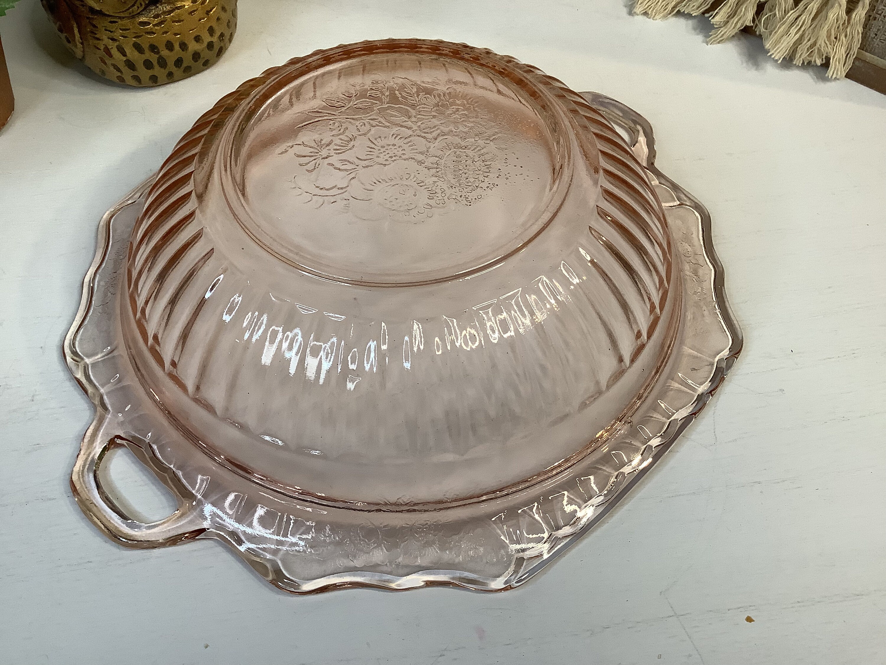 Antique Pink Depression Glass Serving Bowl with Handles/Anchor Hocking/Mayfair Rose Pattern/Collectible Glass/Chabby Chic/Cottagecore Decor