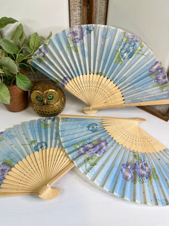 Vintage Asian/Geisha Silk Hand Fan/Set of 3/Blue … - image 1