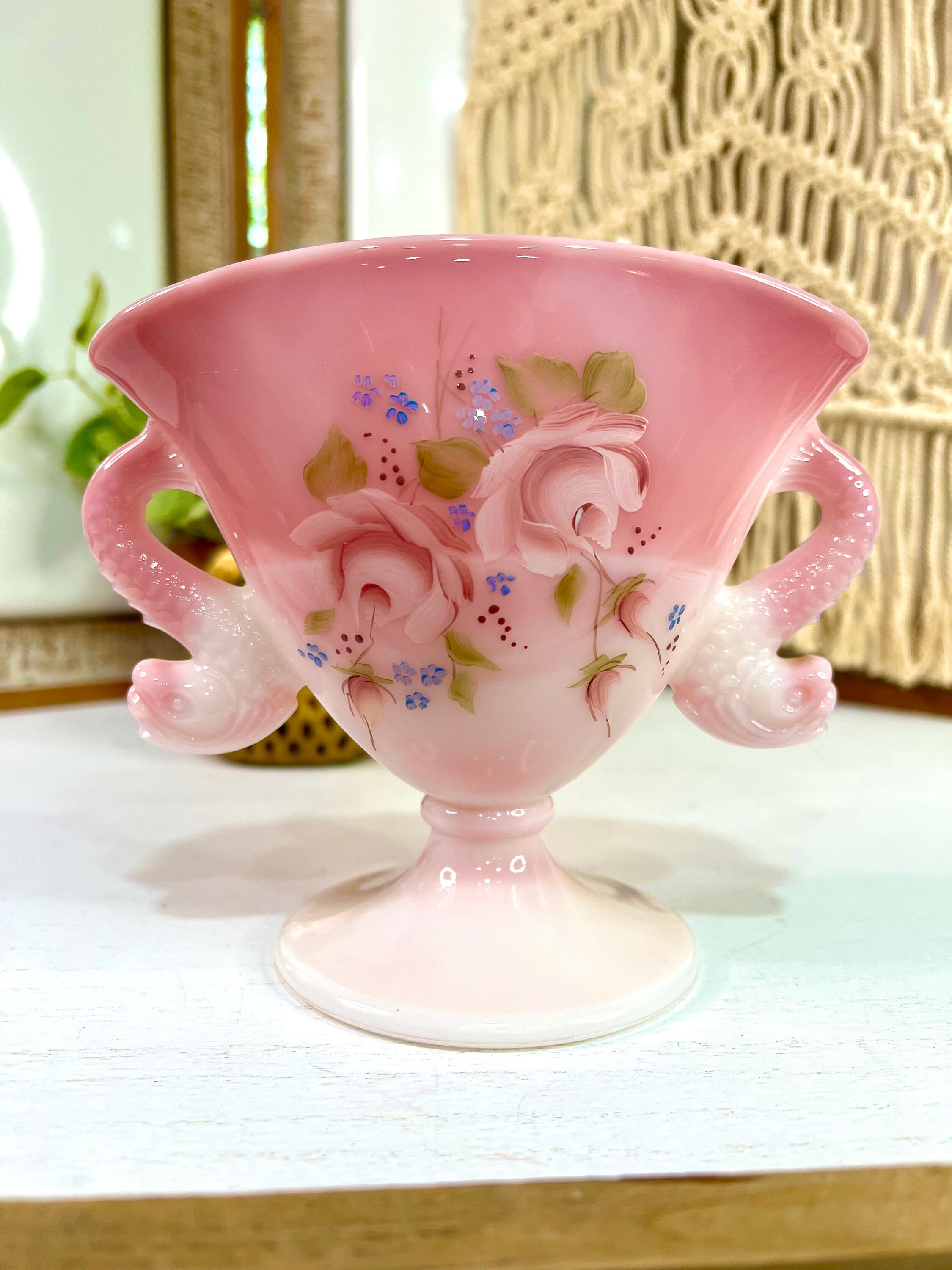 Vintage Fenton Glass Rosalene Pink Handpainted Floral Fan Vase Etsy