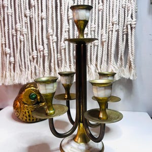 Vintage Brass and Mother of Pearl 5-Arm Candleabra Taper Candle Holder/Table Centerpiece Elegant/Wedding/Boho Style Decor/India Brass