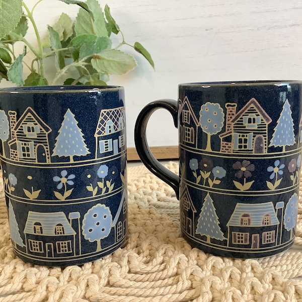 Vintage Otagiri Japan Set of 2 Coffee/Tea Mugs/Blue and Pink/Whimsical Village/Cottages/Cottage Core Style/Country Chic