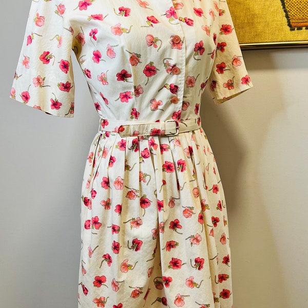 Vintage Avon Convert Co 1960's MCM "Betty Draper" Dress Cotton Belted Pink Floral Design