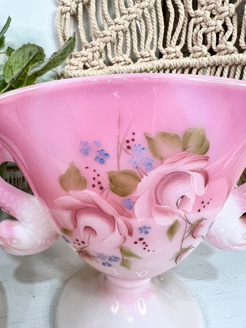 Vintage Fenton Glass Rosalene Pink Handpainted Floral Fan Vase Etsy