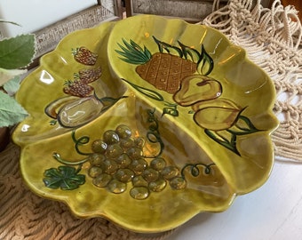 Vintage Made In USA California Pottery Divided Serving Dish with Raised Fruit Design/1970's CA Pottery Serving Dish/Divided Platter