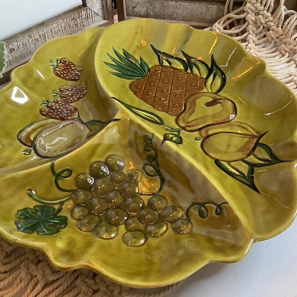 Vintage Made In USA California Pottery Divided Serving Dish with Raised Fruit Design/1970's CA Pottery Serving Dish/Divided Platter