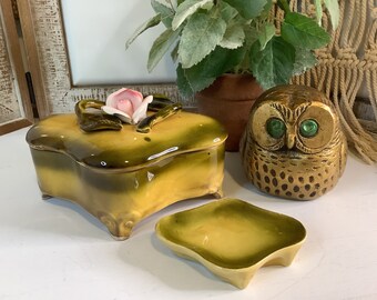 Vintage Chase Imports Porcelain Footed Trinke Box And Matching Trinket Dish/Avocado Green with Pink Rose/Made in Japan