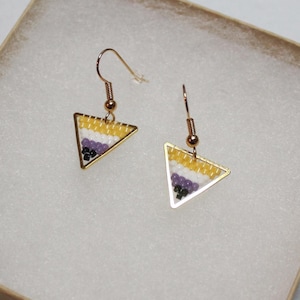 May include: A pair of gold-toned triangle earrings with a non-binary pride flag design, presented in a small, open, beige gift box. The earrings feature a hook closure and are set against a white, textured background.