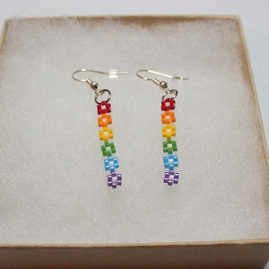 May include: A pair of dangle earrings with a rainbow color scheme. Each earring features a series of small, square beads in red, orange, yellow, green, blue, and purple, suspended from a silver hook. The earrings are presented in a small, open, cardboard box.