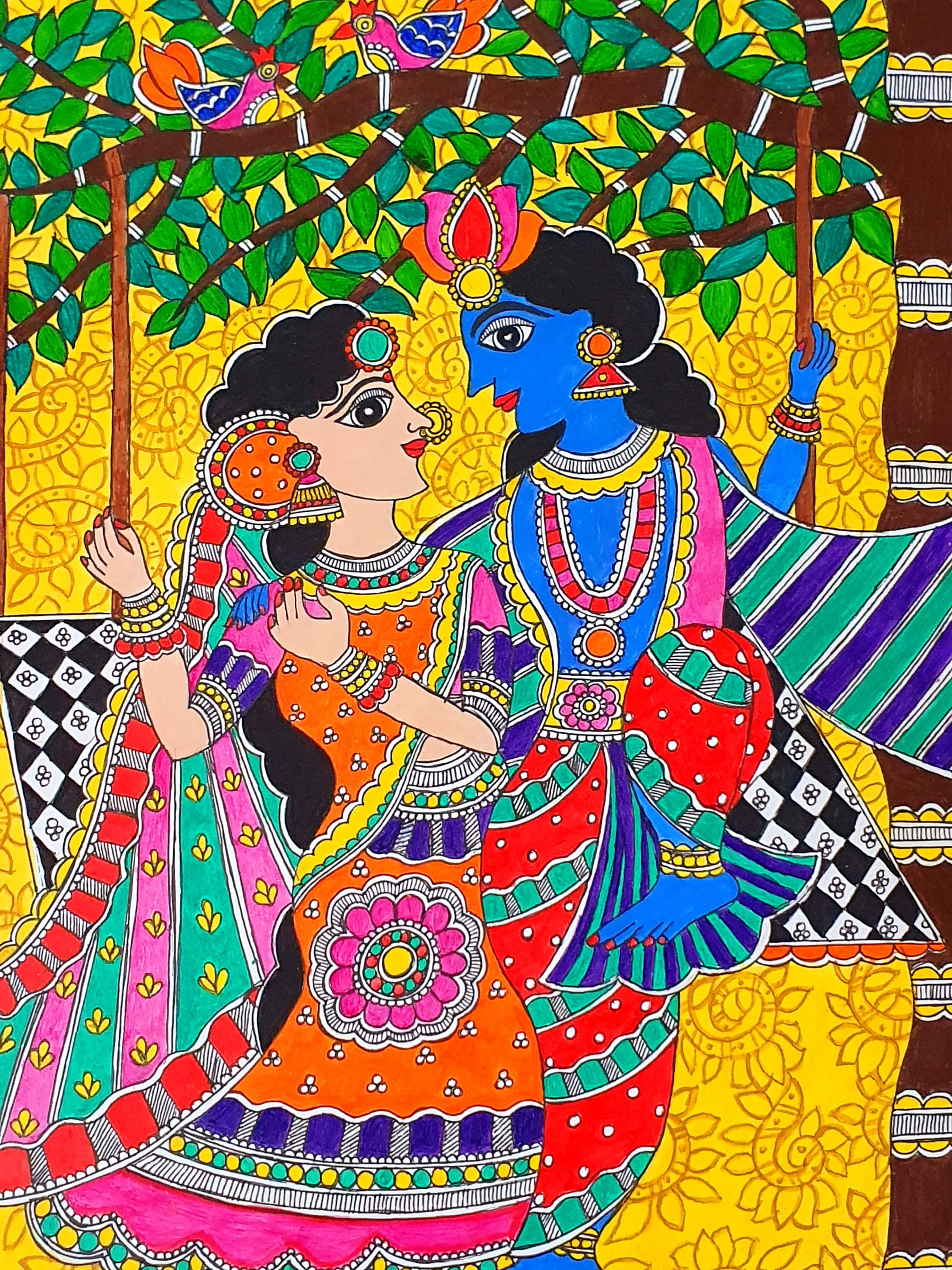 madhubani holi scene wall hanging