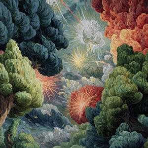 May include: An abstract painting featuring a vibrant landscape with stylized trees and bursts of color. The artwork showcases a mix of green, blue, orange, and white hues, creating a dynamic and textured composition. The style evokes a sense of nature and energy.