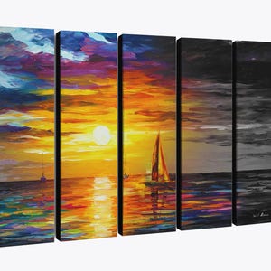 May include: A five-panel canvas art piece depicting a sunset over the ocean. The artwork features vibrant colors, including orange, yellow, blue, and purple, with sailboats and the sun. The last two panels are in grayscale.