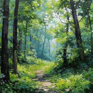 May include: Oil painting of a sunlit forest scene. Tall, dark tree trunks frame a path leading into the distance. Lush green foliage and dappled sunlight create a vibrant, natural landscape. The artwork evokes a sense of tranquility.