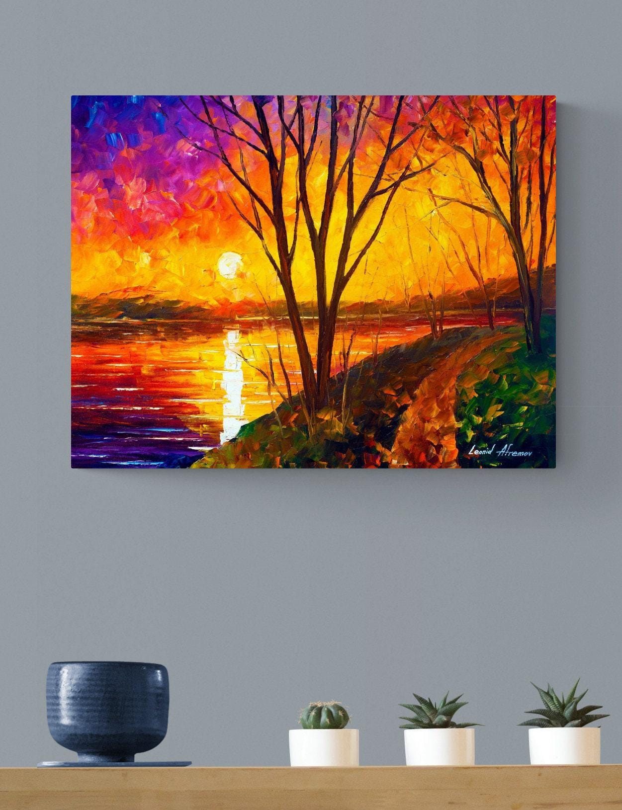 南澤りえ作 『バイオレットローズの夕べ』 SM／oil on glass Orange Horizon | Oil Painting of Riverside Sunset by Leonid
