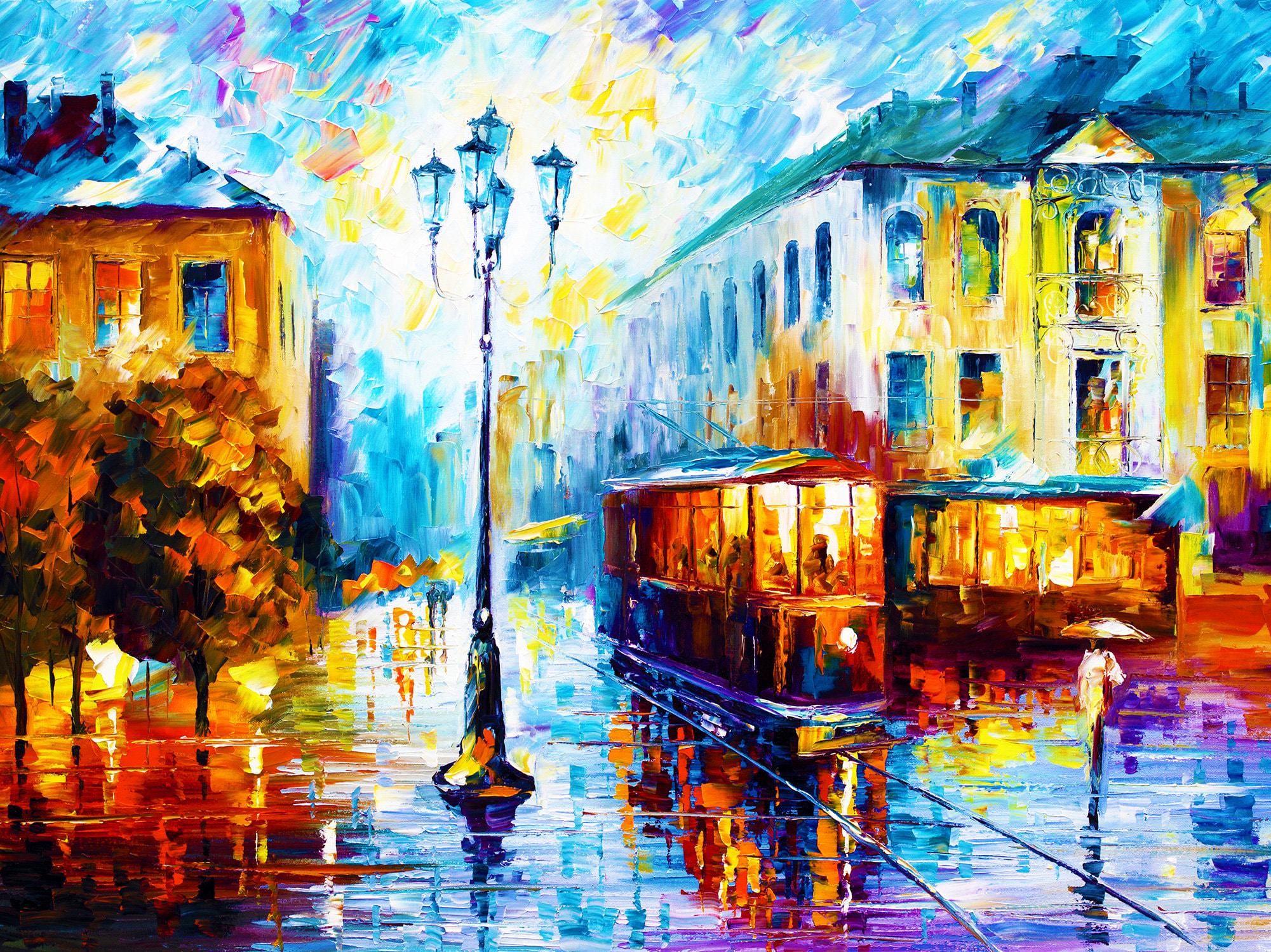 Old Street Canvas Art Oil Painting Tram Artwork by Leonid Afremov