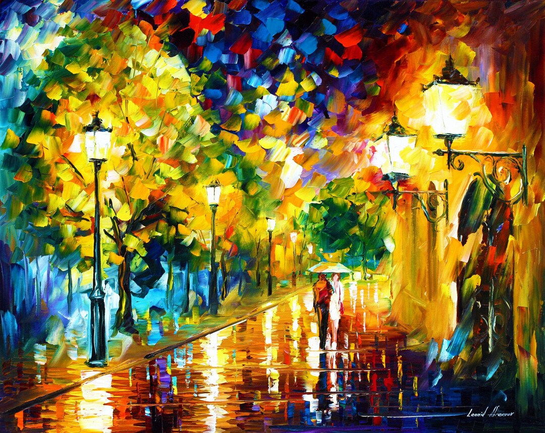 雨のロマンス - レオニード・アフレモフ作、キャンバスに描かれた雨の