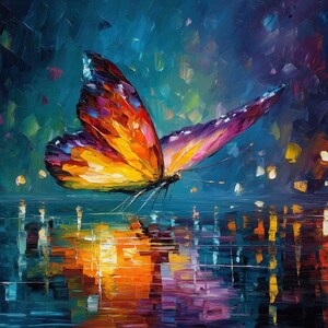 Peut inclure: Peinture à l'huile d'un papillon aux ailes orange, jaune et violet. Le papillon se reflète dans l'eau, avec des lumières colorées en arrière-plan. L'œuvre d'art a un style impressionniste et texturé.