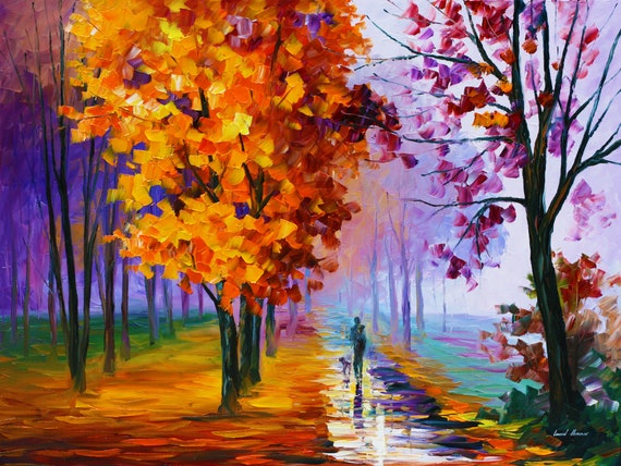 Peinture à l'huile impressionniste. Art mural d'automne sur toile. Peinture  sur le thème de l'automne par Leonid Afremov Studio - Brouillard lilas