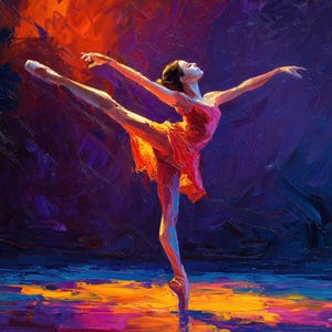 May include: An oil painting depicts a ballerina in a dynamic pose. She is wearing a red dress and pointe shoes, with one leg extended high. The background features vibrant brushstrokes of orange, purple, and blue, creating a dramatic and expressive artwork.