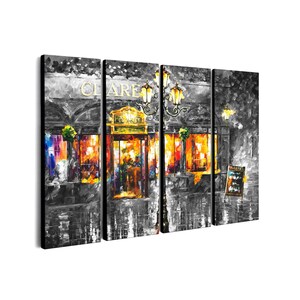 May include: A four-panel canvas print depicting a nighttime street scene. The artwork is primarily in grayscale, with vibrant colors illuminating the interior of a building. The word "VOLARE" is visible above the entrance, and a menu board stands to the right.