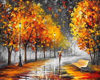 Dipinto a olio fatto a mano, realizzato con spatola nei colori arancione e grigio - Scena di paesaggio autunnale di Leonid Afremov Studio