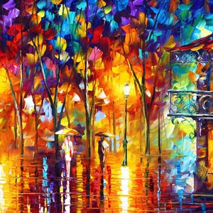 May include: An impressionistic painting of a rainy street scene at night. The artwork features vibrant colors, including orange, yellow, blue, and purple. Silhouettes of people with umbrellas walk along a wet street, with a building and street lamps.