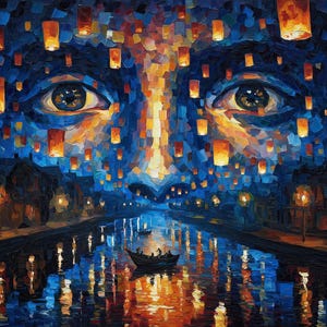 Pode incluir: Uma pintura a óleo retrata um rosto composto por uma cena noturna. Os olhos são o ponto focal, com um rio abaixo refletindo o brilho quente das lanternas. O céu é preenchido com lanternas laranja flutuantes, criando uma atmosfera onírica.