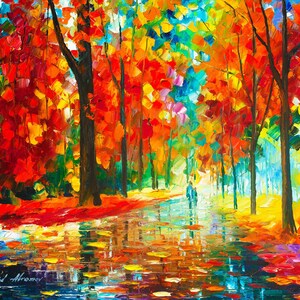 Pu&ograve; includere: Dipinto impressionista di una scena di parco in autunno. L'opera presenta colori vivaci di rosso, arancione, giallo e blu. Gli alberi costeggiano un sentiero con una persona che cammina in lontananza. La firma dell'artista, Leonid Afremov, &egrave; visibile in basso a sinistra.