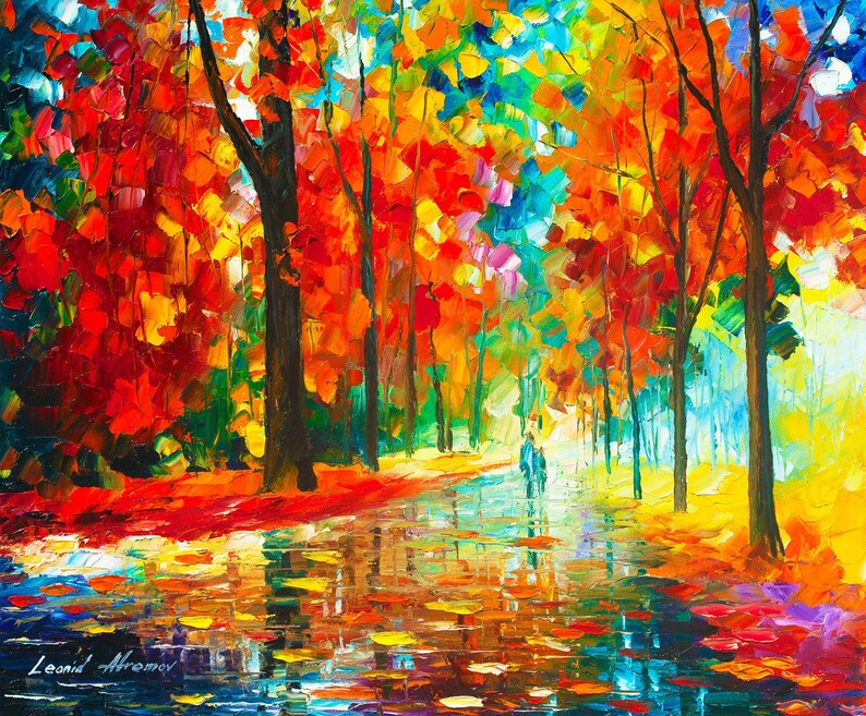 Pu&ograve; includere: Dipinto impressionista di una scena di parco in autunno. L'opera presenta colori vivaci di rosso, arancione, giallo e blu. Gli alberi costeggiano un sentiero con una persona che cammina in lontananza. La firma dell'artista, Leonid Afremov, &egrave; visibile in basso a sinistra.