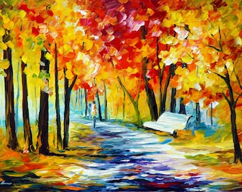 May include: An impressionistic painting of a park scene in autumn. The artwork features a path leading through trees with vibrant yellow, orange, and red foliage. A white bench sits to the side of the path, and a figure walks in the distance.