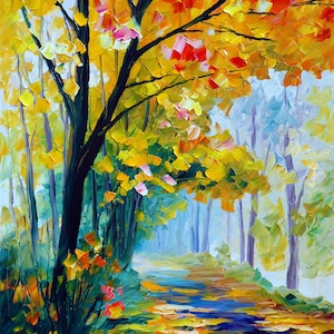 May include: An impressionistic oil painting of a forest path in autumn. The artwork features a path lined with trees, with vibrant yellow, orange, and red foliage. The artist's signature is in the bottom left corner.