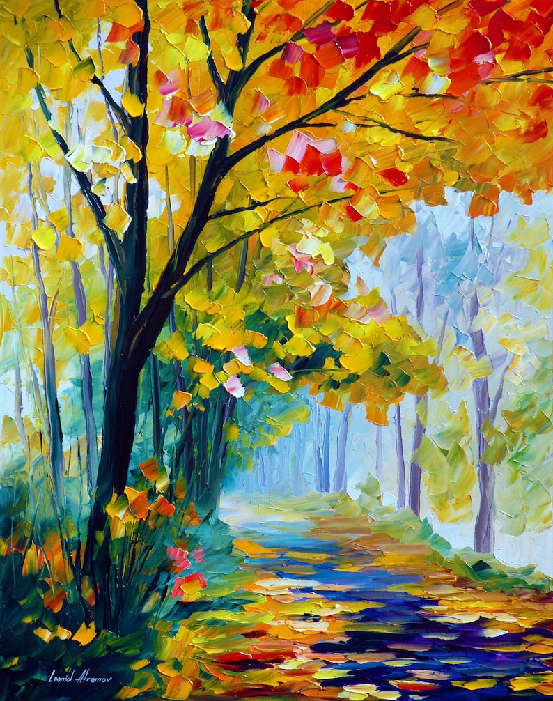 May include: An impressionistic oil painting of a forest path in autumn. The artwork features a path lined with trees, with vibrant yellow, orange, and red foliage. The artist's signature is in the bottom left corner.