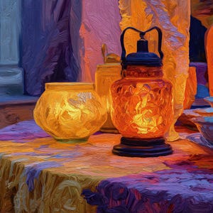 May include: An artistic still life featuring a glowing orange lantern with a black handle, a round glass jar, and other decorative items. The objects sit on a table covered with a colorful patterned cloth. The scene is illuminated with warm light.