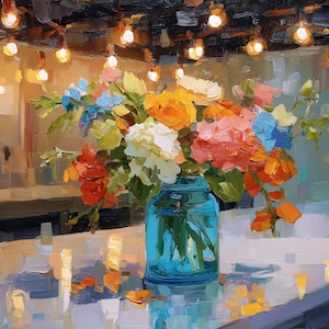May include: An oil painting of a vibrant floral arrangement in a turquoise jar. The bouquet features orange, pink, yellow, and blue flowers. The background shows a bar setting with warm lighting from hanging bulbs.