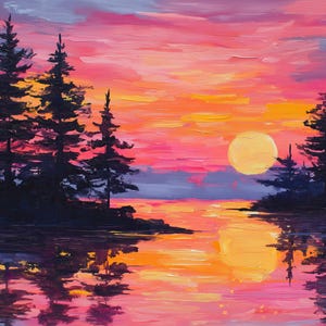 May include: An oil painting depicts a vibrant sunset over a lake. The sky blends pink, orange, and yellow hues, with silhouetted trees along the water's edge. The sun reflects in the calm water, creating a symmetrical, colorful landscape.