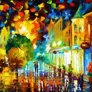 May include: An impressionistic painting of a city street at night. Buildings with warm lights line the street, reflecting in the wet pavement. The artwork uses vibrant colours, with a focus on yellows, oranges, and blues.