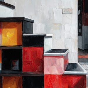 Puede incluir: Pintura abstracta de una escalera y una estantería. La obra presenta una paleta de colores audaz de rojo, negro, amarillo y blanco. La composición es geométrica, con un estilo texturizado, casi empastado.