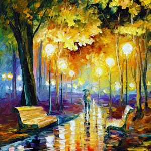 May include: An impressionistic painting of a park scene at night. The artwork features a couple walking under an umbrella on a wet path, illuminated by streetlights. A park bench is visible in the foreground, with trees and yellow foliage.