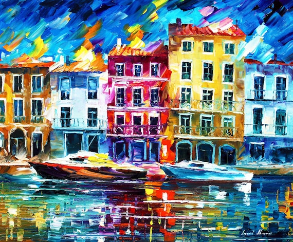 中サイズの油絵 - ノルマンディーの港町の生活 - 自宅やオフィスに最適 中サイズの油絵 - ノルマンディーの港町の生活 - 自宅やオフィスに最適