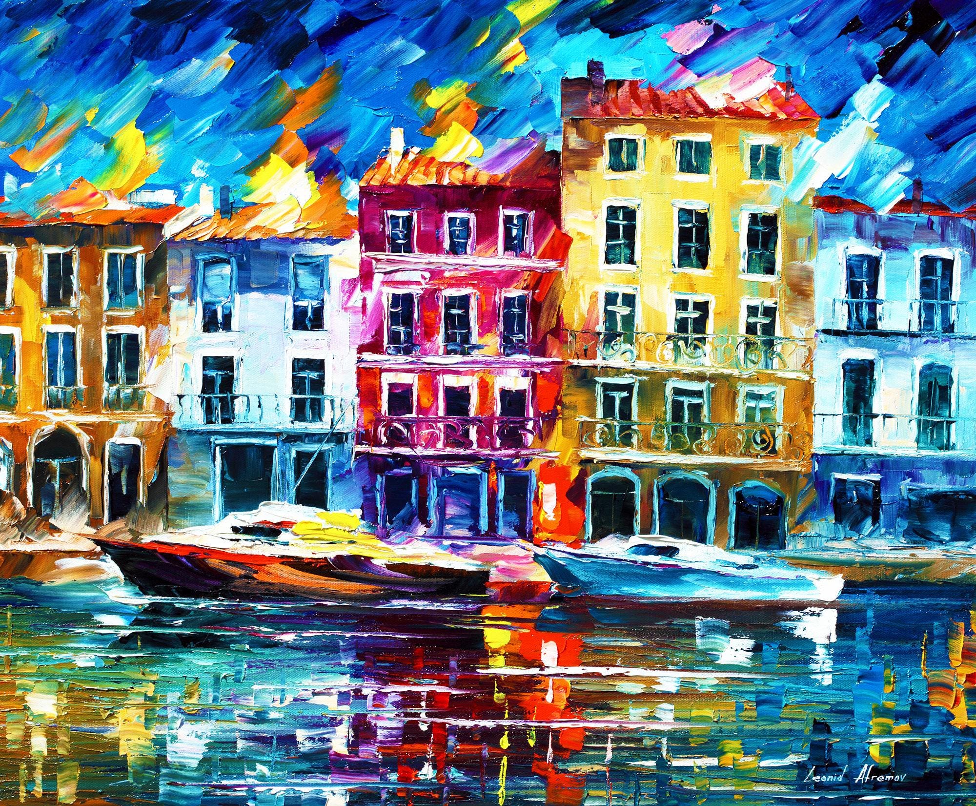 中サイズの油絵 - ノルマンディーの港町の生活 - 自宅やオフィスに最適