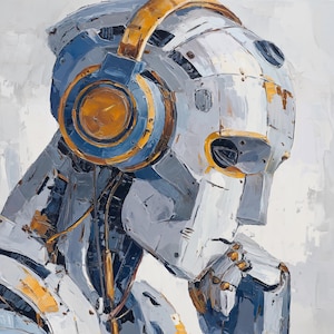 Puede incluir: Pintura al óleo de la cabeza y la parte superior del cuerpo de un robot. El robot es principalmente gris y blanco, con detalles azules y dorados. Lleva auriculares y tiene una expresión pensativa, con la mano cerca de la barbilla.