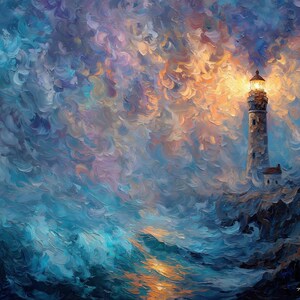 Puede incluir: Una pintura al óleo de un faro en una costa rocosa, iluminado por una luz brillante. El cielo está lleno de nubes arremolinadas de tonos azules, morados y anaranjados, y el mar es de un azul profundo. La obra está firmada "Afremov".