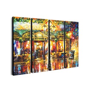 May include: A four-panel canvas print depicting a vibrant, impressionistic street scene. The artwork features a cafe with the name "CLAIRE" above the entrance, illuminated by warm lighting. The color palette includes rich oranges, yellows, and blues, creating a lively atmosphere.