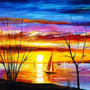 May include: An oil painting depicts a vibrant sunset over water, with a large sun and sailboats. The sky transitions from deep blue to fiery orange and pink. Silhouetted trees frame the scene, creating a serene and colorful landscape.