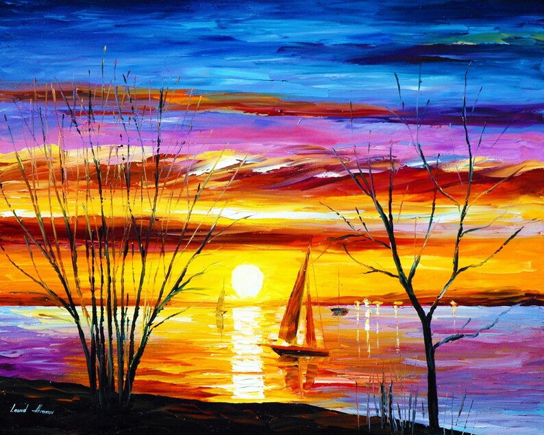 May include: An oil painting depicts a vibrant sunset over water, with a large sun and sailboats. The sky transitions from deep blue to fiery orange and pink. Silhouetted trees frame the scene, creating a serene and colorful landscape.
