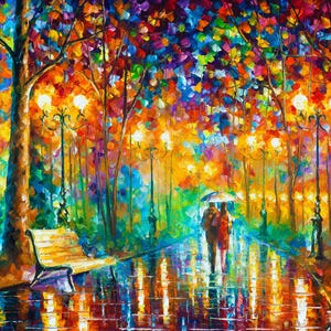 May include: An impressionistic painting of a park scene at night. A couple walks under an umbrella on a wet path, illuminated by streetlights. The trees have colorful foliage, and a bench sits nearby.