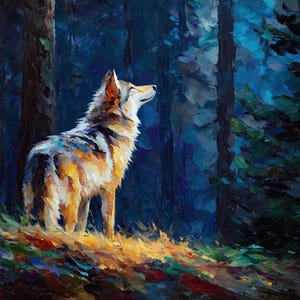 Puede incluir: Pintura al óleo de un lobo en un bosque. El lobo, con la cabeza levantada, está iluminado, mostrando una mezcla de pelaje marrón, blanco y negro. El fondo presenta árboles de color azul oscuro y verde, creando un contraste con la forma iluminada del lobo.