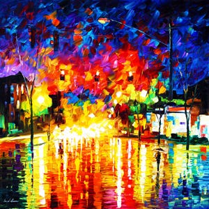 May include: An impressionistic painting of a city street at night. The artwork features vibrant colors, including blues, reds, yellows, and greens, reflecting off a wet street. A lone figure with an umbrella walks down the street.