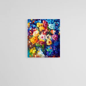 May include: A vibrant floral painting featuring a bouquet of roses in shades of yellow, orange, pink, and white against a deep blue background. The artwork showcases an impressionistic style with visible brushstrokes, creating a textured effect. Signed in the lower right corner.